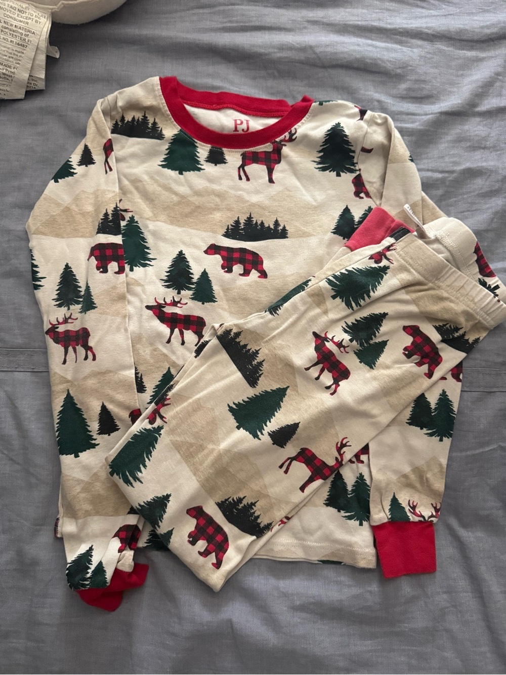 Kids Buffalo Plaid Moose & Bear Pajama Set - Cream with Red & Green